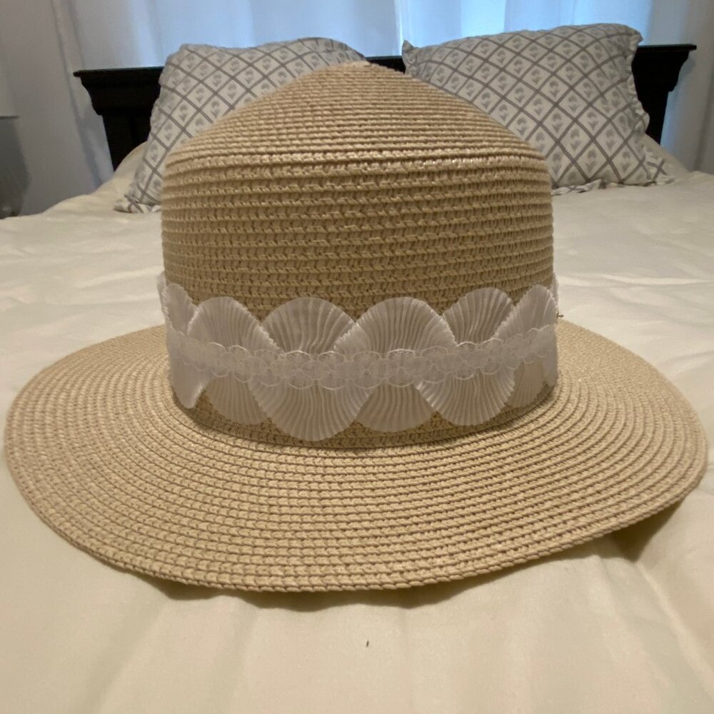 Women's French-Style Wide Brim Summer Sun Hat with French Lace Bow NEW - Picture 2 of 6